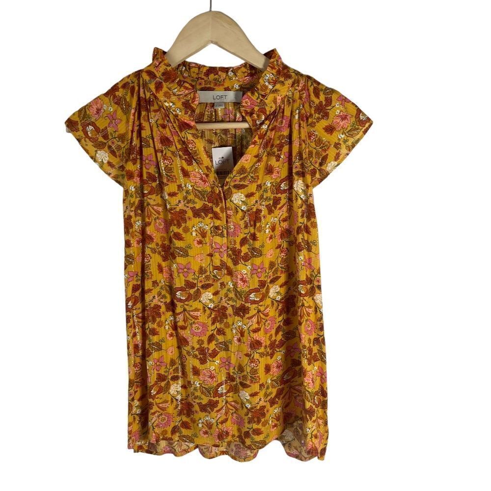 LOFT NWT Gold Floral Print Metallic Thread Cap Sleeve Top Sz S